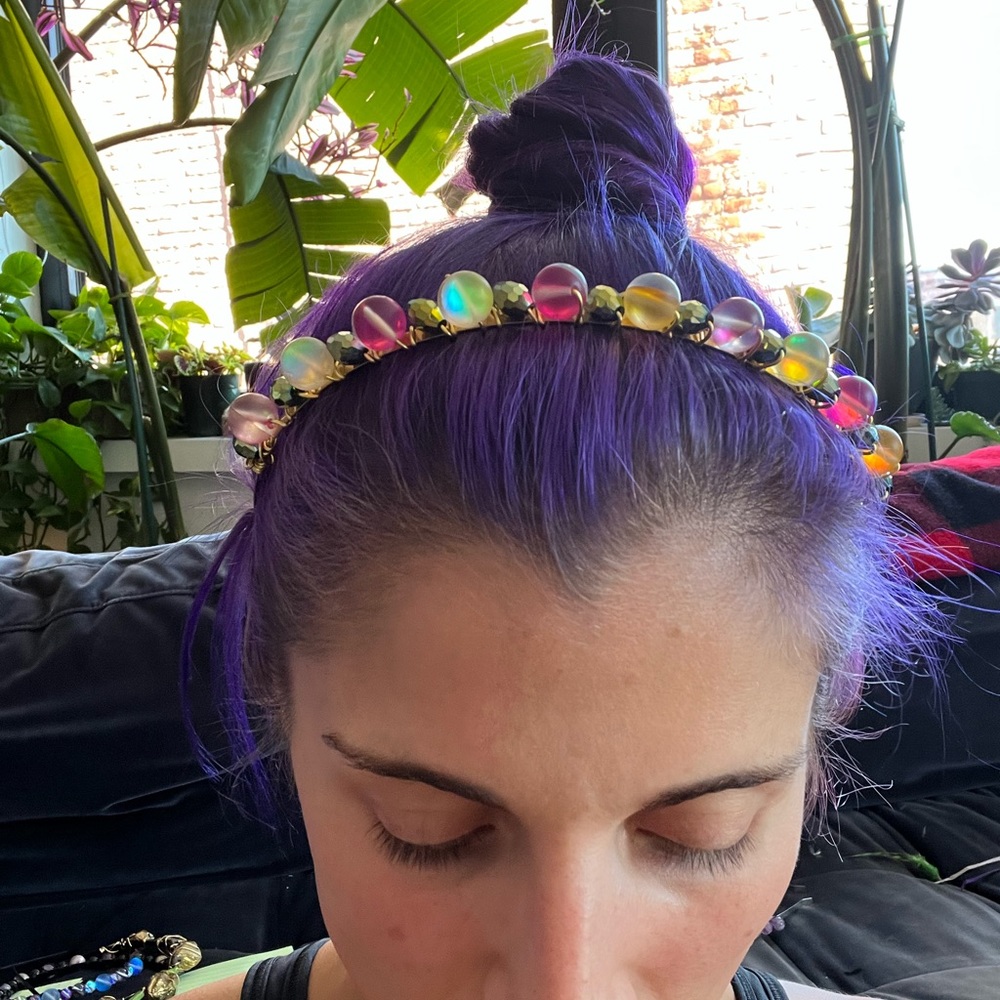 Nwot wire wrapped headband crown with green beads, yellow and pink aura quartz